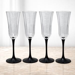 Luminarc Black Stem Champagne Flutes Set of 4 Vintage Faceted Glass